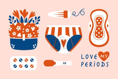Illustration for Female periods concept. Clip arts with menstruation hygiene tools, cotton pads, tampon, container, pills, meds, panties, flowers, pregnancy test, hearts. Love my periods. Set of vector illustrations. - Royalty Free Image