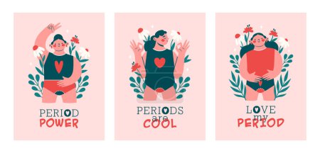 Illustration for Set of cards, banners template with women during menstruation. Happy woman, girl, young lady in panties, underwear with menses, flowers, plants, leaves. Period Power. Healthy lifestyle concept. - Royalty Free Image