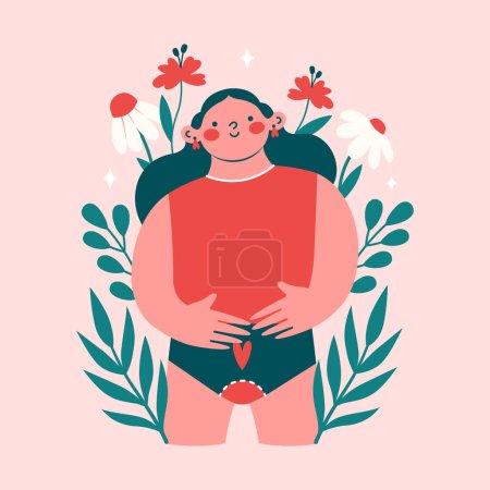 Illustration for Woman during menstruation standing in panties and holding belly surrounded plants, flowers. Women power concept. Flat modern design for banner, card. Cartoon illustration with girl, female period. - Royalty Free Image