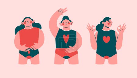 Illustration for Set of illustrations with women during menstruation. Happy woman, girl, young lady in panties, underwear with menses. Period Power. Healthy lifestyle concept. Cartoon cute chracters in flat design. - Royalty Free Image
