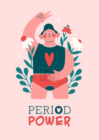 Illustration for Woman during menstruation shows peace gest. Happy woman, girl, young lady in lingerie with menses, plants, flowers, leaves, text "Period Power". Cute card, banner, clip art. sticker, advertising. - Royalty Free Image