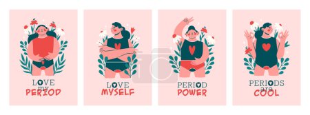 Illustration for Set of card templates with women during menstruation, who showing different gestes. Cartoon persons in various poses. Cute girls with flowers, plants, typography, text. Flat modern design for banners. - Royalty Free Image