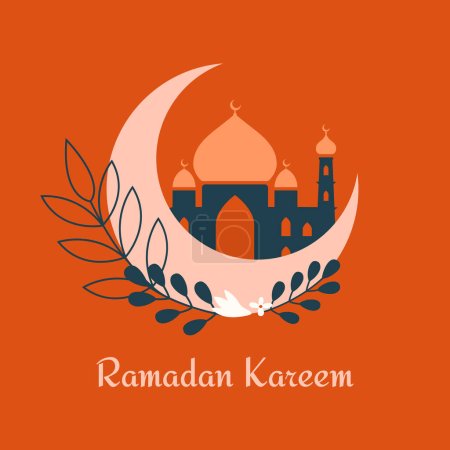 Illustration for Ramadan Mubarak. Eid al-Fitr. Square banner in islamic style with cute illustration of mosque, crescent, plants, flowers, leaves. Vector clip art in flat boho style. For greeting card, banner, badge. - Royalty Free Image