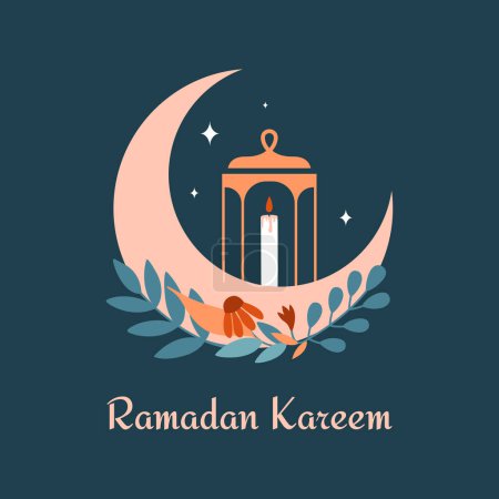 Illustration for Ramadan Kareem. Vector square card with greetings, vector modern illustrations of crescent, plants, flowers, lantern, candle, stars. Flat badge in boho oriental style. Eid al-Fitr. - Royalty Free Image