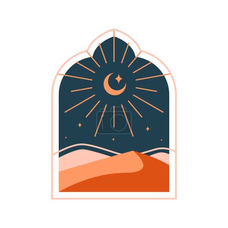 Téléchargez les illustrations : Clip art mignon en forme de fenêtre, arche, cadre avec paysage arabe de nuit, croissant et rayons de lumière. Style islamique oriental. Illustration pour carte de vœux, bannière, autocollant, affiche. Ramadan Moubarak - en licence libre de droit