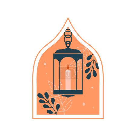 Téléchargez les illustrations : Ramadan Moubarak. Aïd al-Fitr. Fenêtre, arche de style islamique oriental avec une jolie illustration de lanterne, bougie, plantes, feuilles, étoiles. Clip art vectoriel dans le style boho plat. Pour carte de vœux, bannière. - en licence libre de droit