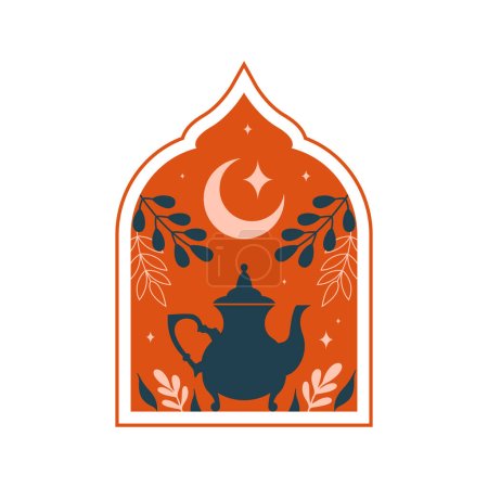 Illustration for Window, arch in oriental islamic style with cute illustration of teapot, crescent, plants, leaves, stars. Vector clip art in flat boho style. Ramadan Mubarak. Eid al-Fitr. For greeting card, banner. - Royalty Free Image
