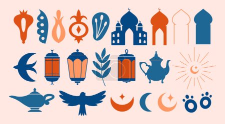 Illustration for Set of islamic, muslim clip arts with minimalistic illustrations of mosque, lamp, teapot, bird, moon, star, leaf, flower, berry. Modern, abstract elements for sticker, banner, card, cover. - Royalty Free Image
