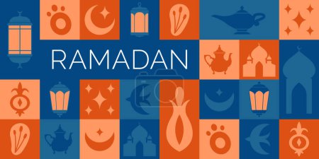Illustration for Oriental modern template of banner. Ramadan Kareem. Vector islamic template of card. Traditional illustrations with mosque, moon, lantern, flowers, bird, stars, oil lamp, minaret, berries. - Royalty Free Image