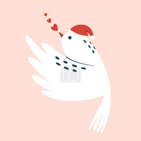 Illustration for White pigeon in santa's hat flying with hearts near beak. Romantic Christmas and New Year clip art with bird, dove, symbol of peace for greeting card, invitation, banner, sticker. Flat Design. - Royalty Free Image