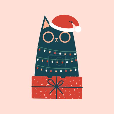 Illustration for Christmas black cat in santa's hat, wrapped in a garland, sitting on gift. Cute animal character for design of New Year, Christmas card, banner, sticker, invitation. Vector clip art with pet. - Royalty Free Image
