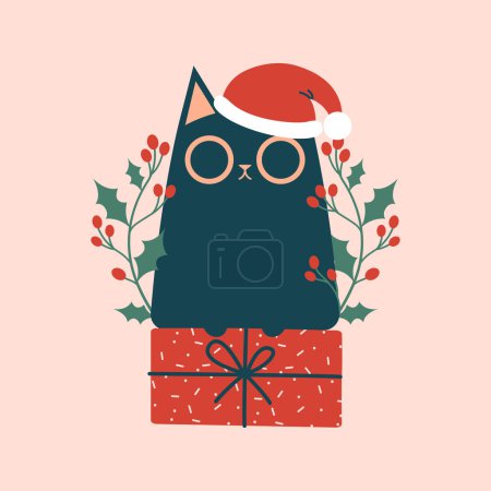 Illustration for Cute black cat in santa's hat sitting on gsft with holly berries. Creative Christmas and New Year clip art. Creative kitten character for winter holidays stickers, decorations, cards, banners. - Royalty Free Image
