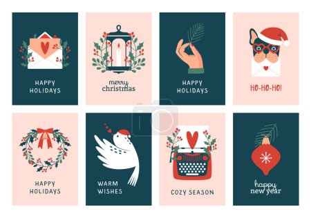 Illustration for Collection of christmas, new year cards with cute illustrations of typewriter, winter plants, wreath, pigeon, post, french bulldog, santa's hat, lantern, hand with pine branch. For banner, invitation. - Royalty Free Image