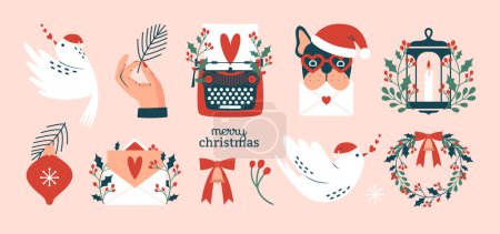 Illustration for Big collection of christmas clip arts. Winter plants, holly berries, typewriter with letter, french bulldog in santa's hat, bird, wreath, lantern, new year tree decoration, pine branch. For cards - Royalty Free Image