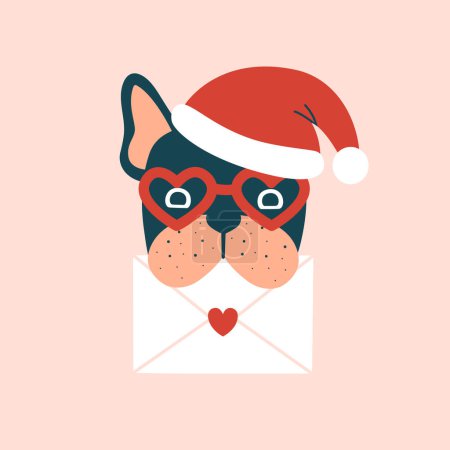 Illustration for Funny french bulldog in santa's hat holds envelope in his teeth. Creative Christmas and New Year clip art. Creative dog character for winter holidays stickers, decorations, cards, banners. - Royalty Free Image