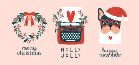 Illustration for Cute hand drawn illustrations with typewriter, sheet of paper with heart, winter plants, holly berries, french bulldog who holding envelope, wreath. Merry Christmas and New Year card template. - Royalty Free Image