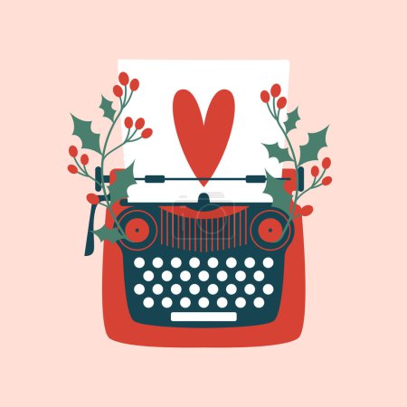 Illustration for Cute hand drawn illustration with typewriter, sheet of paper with heart and winter plants, holly berries. Manual typewriter in modern flat style. Merry Christmas and New Year card template. - Royalty Free Image