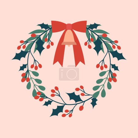 Illustration for Cute hand drawn illustration with wreath of winter plants, holly berries, ribbon, bow, bell, leaves, branches. Cute clip art for Merry Christmas and New Year greeting cards, banners, invitations. - Royalty Free Image