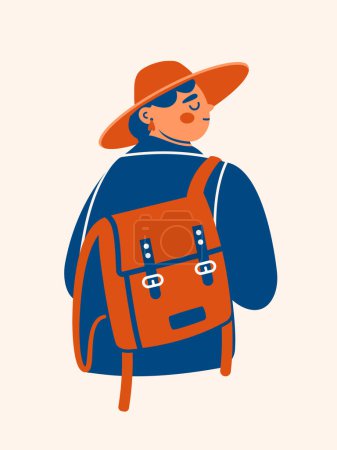 Illustration for Woman in hat, fashion coat with backpack on one shoulder. Cartoon flat style. Minimalistic vector illustration with young lady, girl, abstract person, character. Traveler, adventures, tourism concept. - Royalty Free Image
