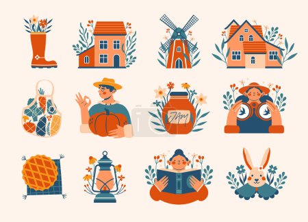Illustration for Cute cozy collection of illustrations with village aesthetics.Cartoon kawaii clip arts with farm workers, persons in hat, cottage, houses, windmill, baking, rabbit, plants, flowers, jam. Cottagecore. - Royalty Free Image