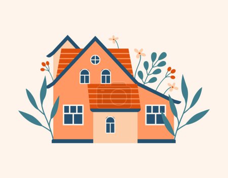 Illustration for Village building, house with plants, leaves, berries. Cottagecore arhitecture. Slow life, life on farm. Cute vector colorful building in hand drawn flat style. Rest in travel, vacation concept. - Royalty Free Image