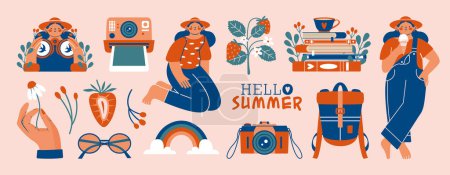 Illustration for Hello Summer. Set of summertime clip arts with girl in hat with ice cream, hand with flower, glasses, strawberry, binoculars, backpack, camera, polaroid, plants, books. Cute vector illustrations. - Royalty Free Image