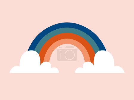 Illustration for Cute illustration with rainbow and cloud in flat graphic style. Hippie groovy clip art in 60's, 70's style for sticker, icon, badge, card, banner, baby shower. Abstract icon. - Royalty Free Image