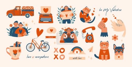 Illustration for Big set of creative clip arts to Saint Valentine's Day. Cute cartoon persons, lovers, couple, woman and man, posing, hugging. Illustrations of typewriter, pickup with hearts, bicycle, dog, cat, mail. - Royalty Free Image