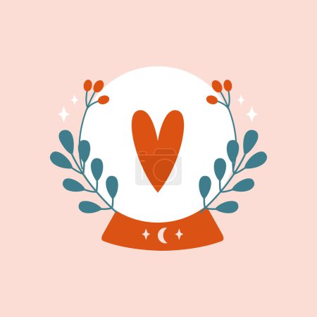 Illustration for Hand drawn illustration to Valentine's day with magic ball, spiritual sphere. Cartoon cute clip art. Romantic badge, sticker, card, banner. Flat minimal design. - Royalty Free Image