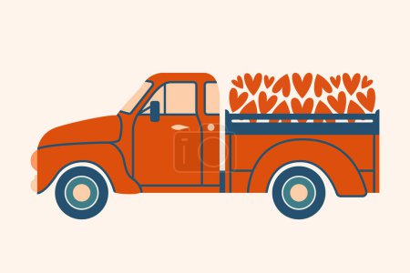 Illustration for Red pickup truck with hearts. Special delivery of love. Banner, card for a Saint Valentine Day. Vector illustration in flat style. Cute clip art with car, vehicle, transport to romantic holidays. - Royalty Free Image