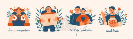 Illustration for Valentine's Day. Set of simple modern isolated illustrations with cute persons, who hugging, people, lovers, man, woman. Togetherness, love concept. Clip arts with love mail, jar with heart, flowers. - Royalty Free Image