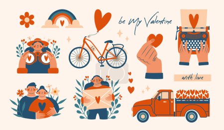 Ilustración de Conjunto de ilustraciones lindas para el Día de San Valentín. Colección de pinzas modernas simples con máquina de escribir, bicicleta, camioneta roja con corazones, personas lindas, que abrazan, sosteniendo carta de amor. Diseño plano. - Imagen libre de derechos