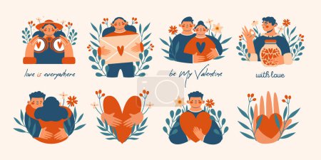 Set of illustrations with cute persons, who hugging, people, lovers, man, woman, couple. Saint Valentine's Day. Clip arts for card with love letter, jar with heart, flowers, plants, binoculars, hands.