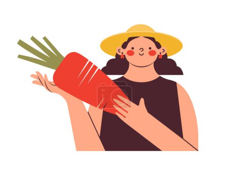 Ilustración de Mujer agricultora con sombrero sosteniendo zanahoria grande. Vender la producción ecológica local. Trabajador agrícola que vende productos naturales orgánicos. ilustración plana vector de dibujos animados. - Imagen libre de derechos