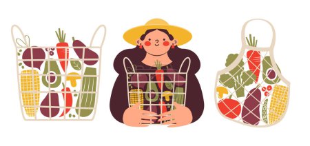 Illustration for Set of local organic production. Woman farmer in hat with basket full of fresh vegetables. Eco bag with veggies. Agricultural worker selling organic natural products. Flat cartoon vector illustration. - Royalty Free Image