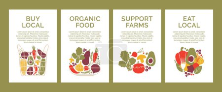 Illustration for Set of banner templates with organic, healthy, vegan, local food. Eco bag, basket, bowl with fresh vegetables, veggies. Support local farmers, farms concept. Eat local. Flat cartoon vector clip arts. - Royalty Free Image