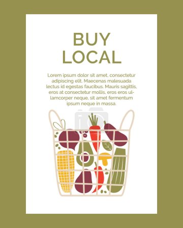 Illustration for Buy local. Banner template with organic, healthy, vegan food. Support local farmers, farms concept. Flat cartoon vector clip arts with vegetables, veggies, basket, corn, carrot, eggplant, beet. - Royalty Free Image