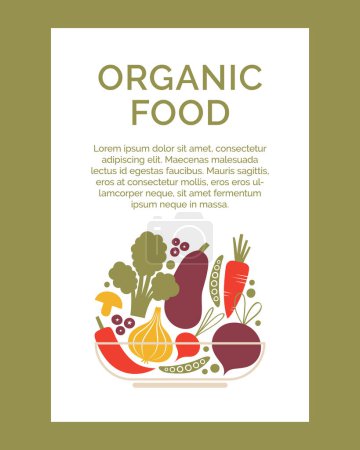 Illustration for Organic food. Banner template with organic, healthy, vegan food. Support local farmers, farms concept. Fresh vegetables in bowl. Flat cartoon vector clip arts with veggies. - Royalty Free Image