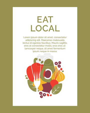 Illustration for Eat local. Banner template with organic, healthy, vegan food. Support local farmers, farms concept. Flat cartoon vector clip arts with vegetables, veggies, fork, avocado, paprika, garlic, blueberry. - Royalty Free Image