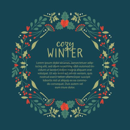 Illustration for Merry Christmas, New Year banner template with botanical elements, winter plants, typography, text. Invitation card design with cute illustrations of mistletoe, holly berries, pine branches, leaves. - Royalty Free Image