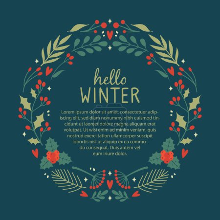 Illustration for Invitation card design with cute illustrations of mistletoe, holly berries, pine branches. Merry Christmas, New Year banner template with botanical elements, winter plants, typography, text. - Royalty Free Image