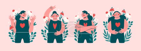 Illustration for Strong women and girls standing in different poses and showing various gestes, okay sign, victory sign, crossed arms. Female friendship, union of feminists or sisterhood. Set of cute illustrations. - Royalty Free Image