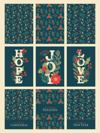 Illustration for Collection of vector Christmas cards and backgrounds with flat winter plants, flowers, text "JOY", "HOPE", "LOVE". Floral illustrations with holly berry, mistletoe, pine branches, leaves, lettering. - Royalty Free Image