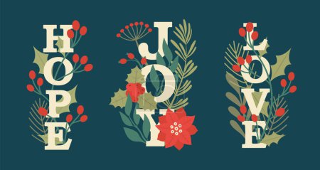 Illustration for Winter botanical clip arts with typography. Merry Christmas banner, invitation, greeting card design. Holly berry, mistletoe, winter flowers, pine branches, plants, leaves. Text "JOY", "HOPE", "LOVE". - Royalty Free Image