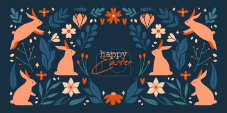Ilustración de Elegante banner web horizontal para Feliz Día de Pascua. Linda tarjeta vectorial, invitación con adorno de conejos, conejos, plantas, flores, narcisos de primavera, caligrafía sobre fondo oscuro. Primavera - Imagen libre de derechos