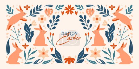 Ilustración de Banner web horizontal creativo para Feliz Día de Pascua. Linda tarjeta vectorial, invitación con adorno de conejos, conejos, plantas, flores, narcisos de primavera, caligrafía sobre fondo blanco. Primavera - Imagen libre de derechos