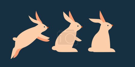 Ilustración de Conjunto de ilustraciones minimalistas con conejos en diferentes posturas. De pie, sentado, saltando conejitos de Pascua. Diseño plano minimalista. Vector animal lindo para el icono, etiqueta engomada, logotipo, tarjeta, bandera, invitación. - Imagen libre de derechos