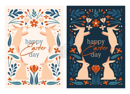 Illustration for Happy Easter Day. Set of cute cards, postcards, banners template with ornament of bunnies, rabbits, spring plants, flowers, berries, leaves, botany illustrations. Trendy design with typography. - Royalty Free Image