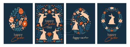 Illustration for Big collection of cute easter cards. Banners, flyers with ornamental frame with rabbits, bunnies, eggs, flowers, plants, leaves, berries, lettering, text, calligraphy. Flat Design. Happy Easter Day. - Royalty Free Image