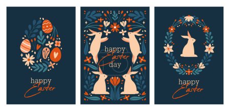 Illustration for Set of cute easter cards. Happy Easter Day. Banners, flyers with ornamental frame with cartoon rabbits, bunnies, eggs, flowers, plants, leaves, berries, lettering, text, calligraphy. Flat Design. - Royalty Free Image